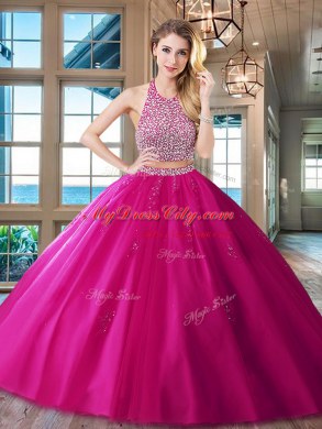 Beautiful With Train Red Quinceanera Gowns Halter Top Sleeveless Brush Train Backless