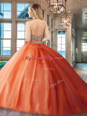 Beautiful With Train Red Quinceanera Gowns Halter Top Sleeveless Brush Train Backless
