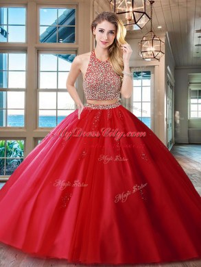 Beautiful With Train Red Quinceanera Gowns Halter Top Sleeveless Brush Train Backless
