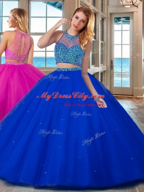 Glittering Floor Length Royal Blue Quinceanera Dress High-neck Sleeveless Lace Up