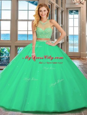 Glittering Floor Length Royal Blue Quinceanera Dress High-neck Sleeveless Lace Up