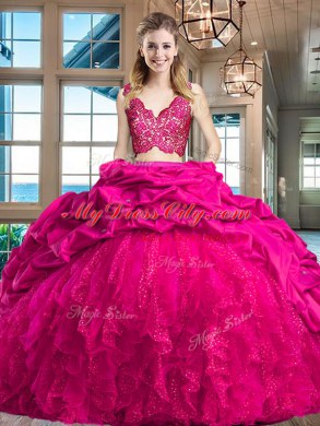 Lovely Sleeveless Taffeta and Tulle Brush Train Zipper Vestidos de Quinceanera in Fuchsia with Lace and Ruffles and Pick Ups