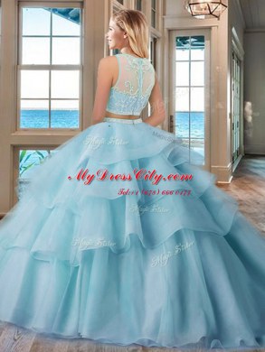 Edgy Scoop Sleeveless Tulle Quinceanera Gowns Beading and Appliques and Ruffled Layers Zipper