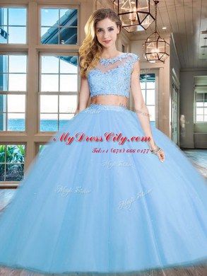 Scoop Floor Length Light Blue Sweet 16 Dress Tulle Cap Sleeves Beading and Appliques