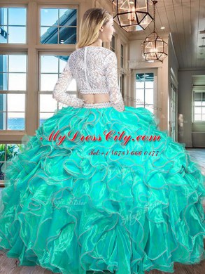 Scoop Long Sleeves Beading and Lace and Ruffles Zipper Quinceanera Gown