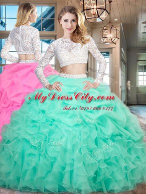 Glorious Scoop Apple Green Long Sleeves Floor Length Beading and Lace and Ruffles Zipper Quinceanera Dress