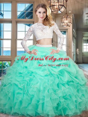 Glorious Scoop Apple Green Long Sleeves Floor Length Beading and Lace and Ruffles Zipper Quinceanera Dress