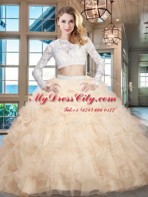 Organza Scoop Long Sleeves Zipper Beading and Lace and Ruffles 15 Quinceanera Dress in Champagne