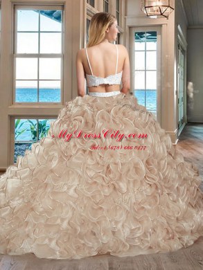 Straps Champagne Sleeveless Tulle Backless Ball Gown Prom Dress for Military Ball and Sweet 16 and Quinceanera