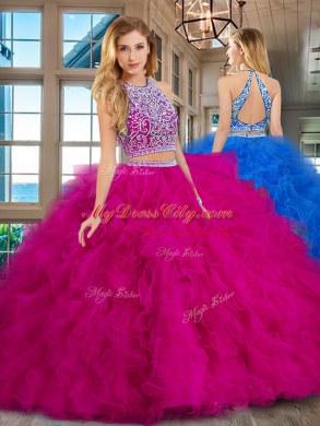Spectacular Scoop Sleeveless Tulle Floor Length Backless 15 Quinceanera Dress in Fuchsia with Beading and Ruffles