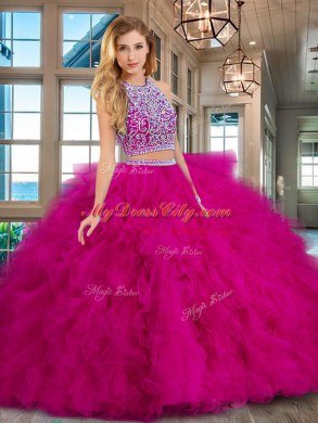 Spectacular Scoop Sleeveless Tulle Floor Length Backless 15 Quinceanera Dress in Fuchsia with Beading and Ruffles