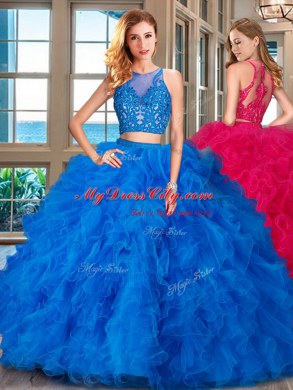 Blue Scoop Neckline Beading and Ruffles Quinceanera Dresses Sleeveless Zipper