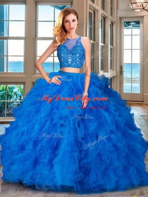 Blue Scoop Neckline Beading and Ruffles Quinceanera Dresses Sleeveless Zipper