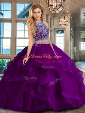 Tulle Scoop Sleeveless Backless Beading and Ruffles Quinceanera Dress in Purple