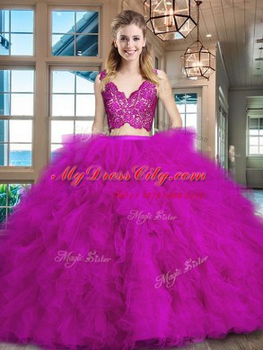 Brush Train Two Pieces Sweet 16 Dress Fuchsia V-neck Tulle Sleeveless Zipper
