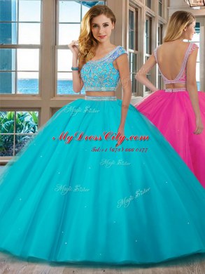 Extravagant Aqua Blue Scoop Neckline Beading and Ruffles Sweet 16 Dresses Cap Sleeves Backless