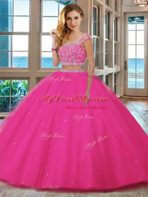 Extravagant Aqua Blue Scoop Neckline Beading and Ruffles Sweet 16 Dresses Cap Sleeves Backless