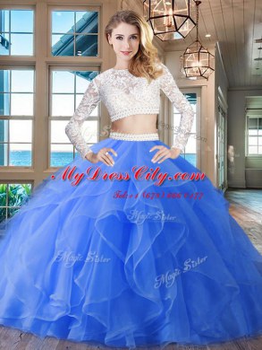 Adorable Scoop Blue Long Sleeves Beading and Lace and Ruffles Zipper Sweet 16 Dress
