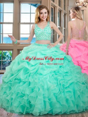 Floor Length Apple Green Quinceanera Dresses Organza Sleeveless Beading and Ruffles and Pick Ups