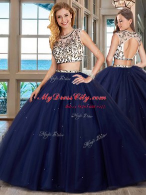Gorgeous Scoop Navy Blue Cap Sleeves With Train Beading Backless Quinceanera Dresses