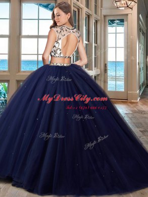 Gorgeous Scoop Navy Blue Cap Sleeves With Train Beading Backless Quinceanera Dresses