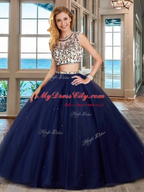 Gorgeous Scoop Navy Blue Cap Sleeves With Train Beading Backless Quinceanera Dresses