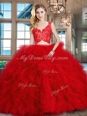 Red Sleeveless Tulle Brush Train Zipper Quinceanera Dress for Military Ball and Sweet 16 and Quinceanera