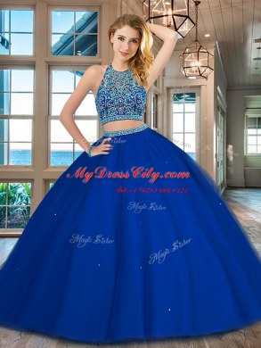 Modest Scoop Floor Length Two Pieces Sleeveless Royal Blue Sweet 16 Quinceanera Dress Backless
