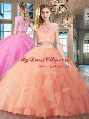 Amazing Organza Scoop Cap Sleeves Brush Train Zipper Beading and Appliques and Ruffles Sweet 16 Dresses in Peach