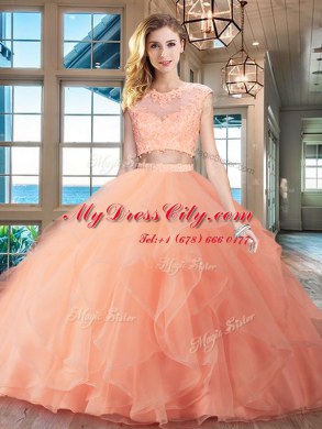 Amazing Organza Scoop Cap Sleeves Brush Train Zipper Beading and Appliques and Ruffles Sweet 16 Dresses in Peach