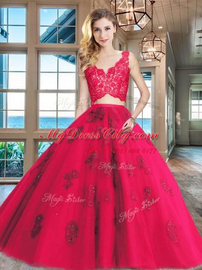 Admirable Red Zipper V-neck Lace and Appliques Quinceanera Gown Tulle Sleeveless