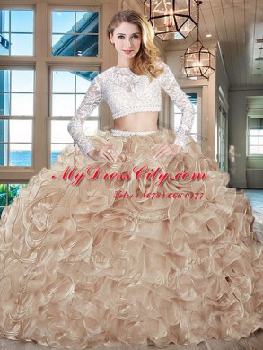 Scoop Beading and Lace and Ruffles 15 Quinceanera Dress Champagne Zipper Long Sleeves Brush Train