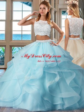 Two Pieces 15 Quinceanera Dress Light Blue Bateau Organza Sleeveless Floor Length Side Zipper