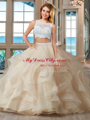 Two Pieces 15 Quinceanera Dress Light Blue Bateau Organza Sleeveless Floor Length Side Zipper