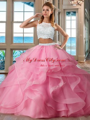 Two Pieces 15 Quinceanera Dress Light Blue Bateau Organza Sleeveless Floor Length Side Zipper