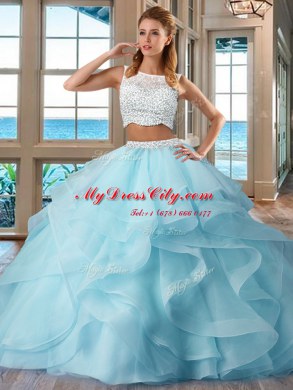 Two Pieces 15 Quinceanera Dress Light Blue Bateau Organza Sleeveless Floor Length Side Zipper