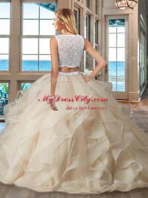 Two Pieces 15 Quinceanera Dress Light Blue Bateau Organza Sleeveless Floor Length Side Zipper