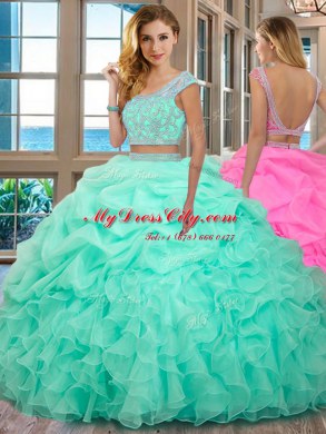 Dramatic Scoop Apple Green Two Pieces Beading and Ruffles Quinceanera Dress Backless Organza Cap Sleeves Floor Length