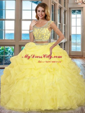 Dramatic Scoop Apple Green Two Pieces Beading and Ruffles Quinceanera Dress Backless Organza Cap Sleeves Floor Length