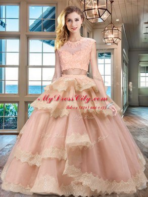 Popular Scoop Peach Tulle Zipper Quinceanera Gowns Cap Sleeves Floor Length Beading and Lace and Appliques and Ruffled Layers