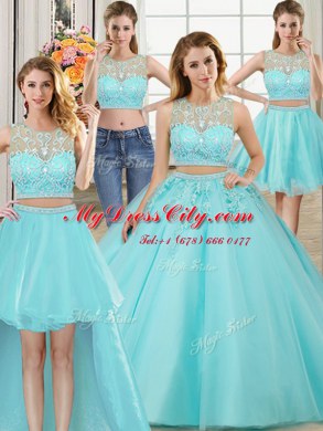 Four Piece Scoop Sleeveless Tulle 15 Quinceanera Dress Beading and Appliques Zipper