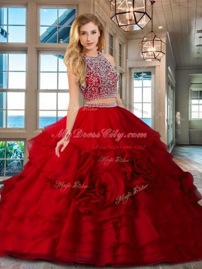 Two Pieces Quinceanera Gowns Red Scoop Organza Sleeveless Floor Length Backless