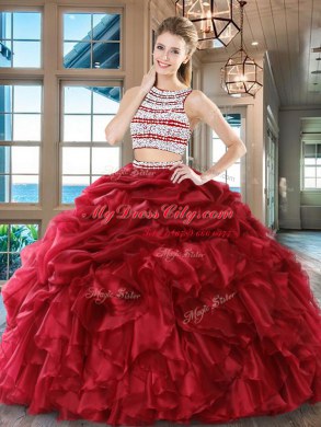 Wine Red Two Pieces Organza Scoop Sleeveless Beading and Ruffles and Pick Ups Floor Length Backless Quinceanera Dresses