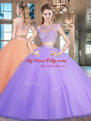 Glittering Scoop Floor Length Two Pieces Cap Sleeves Lavender Quince Ball Gowns Zipper