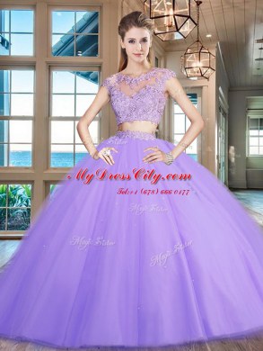 Glittering Scoop Floor Length Two Pieces Cap Sleeves Lavender Quince Ball Gowns Zipper