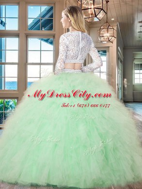 Scoop Apple Green Long Sleeves Tulle Zipper Quinceanera Dresses for Military Ball and Sweet 16 and Quinceanera