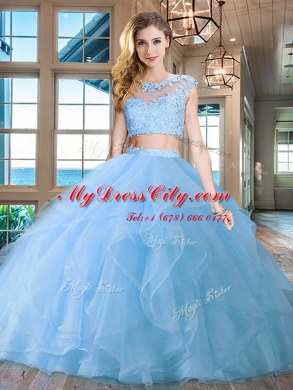 Scoop Light Blue Cap Sleeves Brush Train Beading and Appliques and Ruffles With Train Quinceanera Gowns