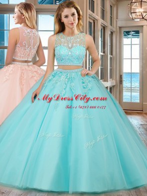 Aqua Blue Two Pieces Tulle Scoop Sleeveless Beading and Appliques Floor Length Zipper Quince Ball Gowns
