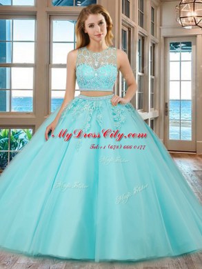 Aqua Blue Two Pieces Tulle Scoop Sleeveless Beading and Appliques Floor Length Zipper Quince Ball Gowns