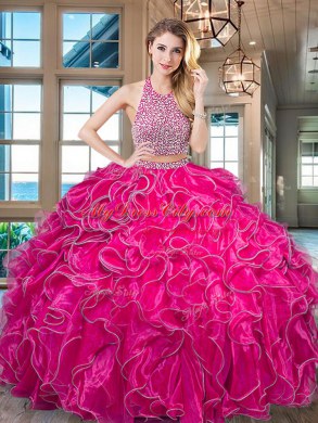 Clearance Ruffled Two Pieces Vestidos de Quinceanera Royal Blue Halter Top Organza Sleeveless Floor Length Backless